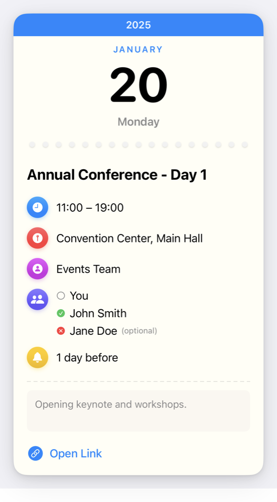 An event from an .ics file shown as an invitation card with date, time, location, organizer, attendees, and alarm