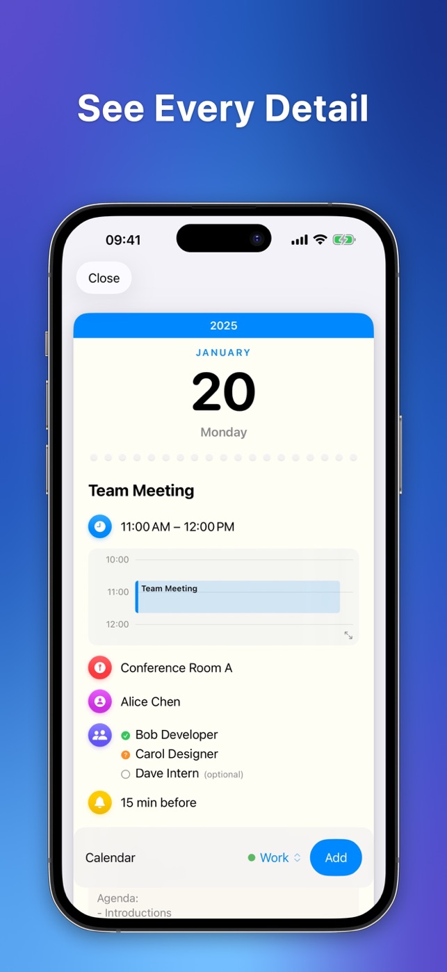Open Invite previewing a team meeting with time, room, organizer, attendees, and alarm