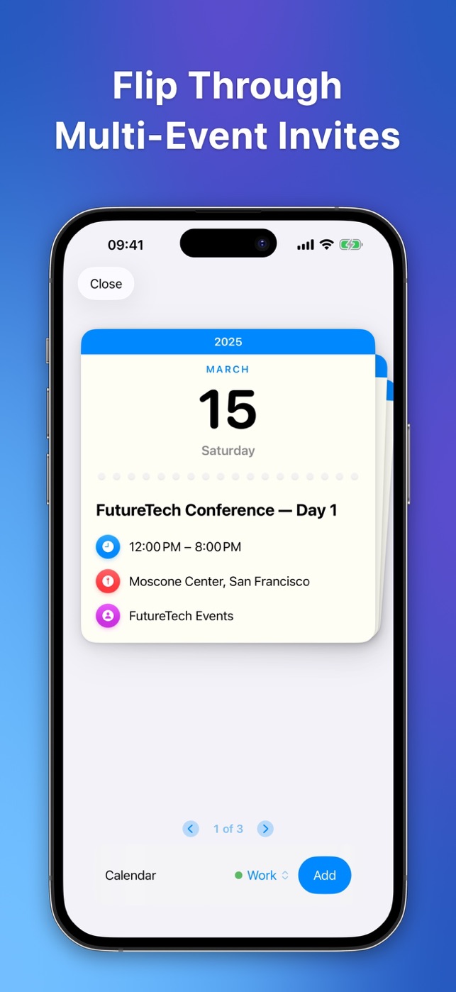 Open Invite showing the first of three conference days as a stack of cards