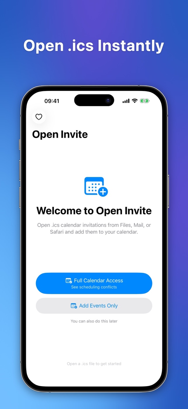 Open Invite's welcome screen offering full calendar access or adding events only